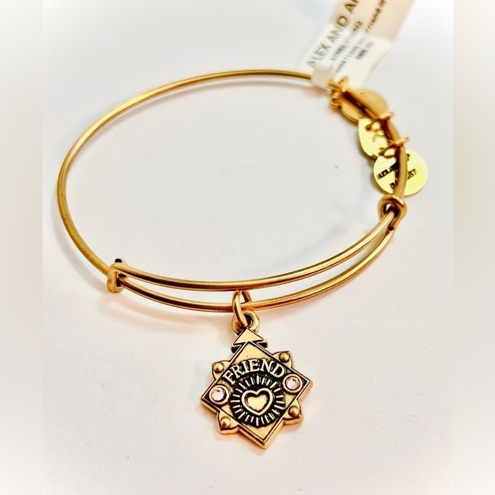 Alex and Ani "Friend" 2 Crystal Expandable Charm Bracelet, Gold FInish.